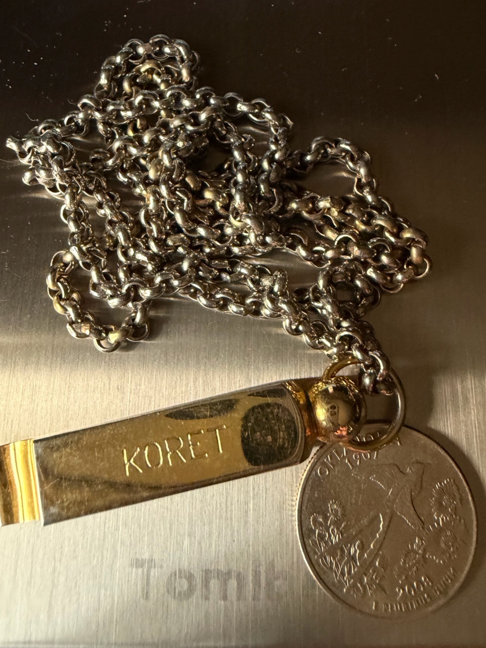 Koret Heavy 55g Gold and silver Tone Real Whistle Pendant Necklace Vintage 70s